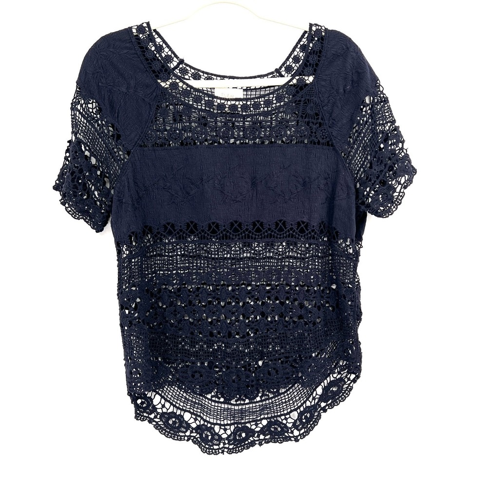 Deletta Anthropologie navy blue crocheted top boho coastal grandma Euro summer M